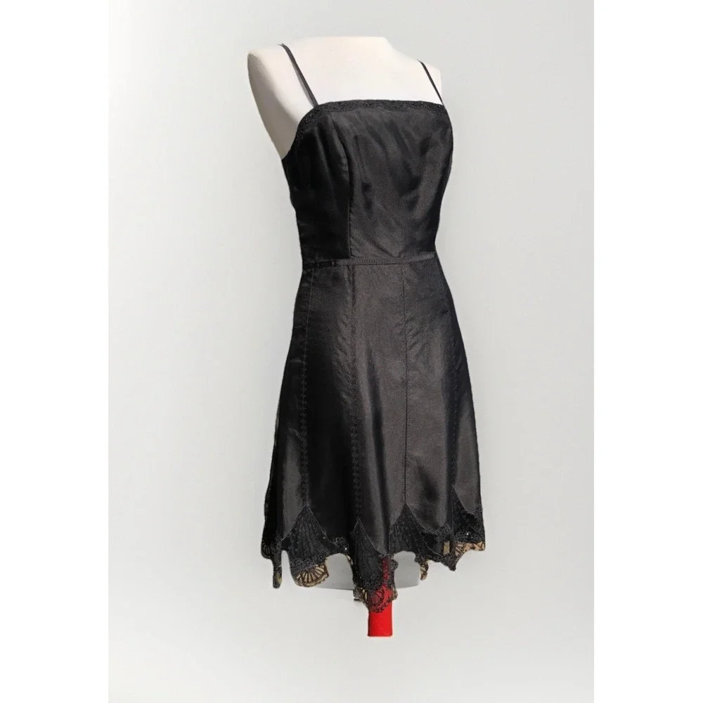 Vtg Y2K Ann Taylor  Black  Embroidered Beaded Silk Dress 10P A-line‎